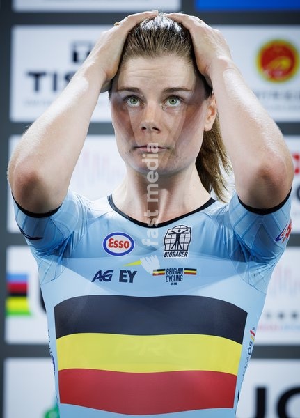 Belgian Lotte Kopecky, winner of the gold medal reacts during celebrations on the podium during the Women's Elimination event at the UCI Track Cycling World Championships in Shanghai, China on Thursday 15 October 2026. The worlds are taking place from 14 to 18 October 2026