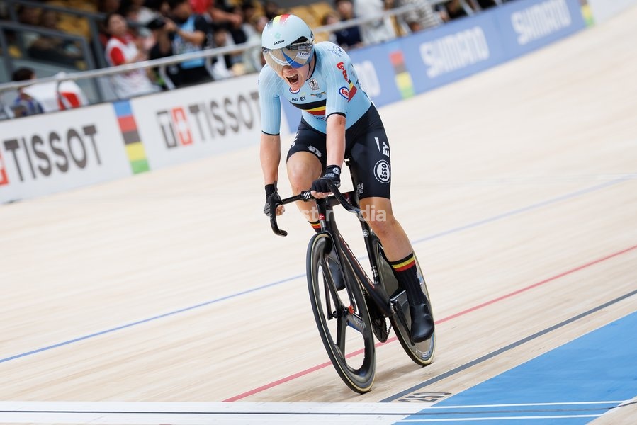 Belgian Lotte Kopecky, winner of the gold medal celebrates after the Women's Elimination event at the UCI Track Cycling World Championships in Shanghai, China on Thursday 15 October 2026. The worlds are taking place from 14 to 18 October 2026