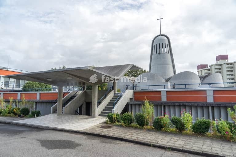 Chapel of the ‘Divine Word’ Seminary, Nanzan University, Nagoya, Japan. The design is by the Czech-born American architect Antonin Raymond. Completed in 1966