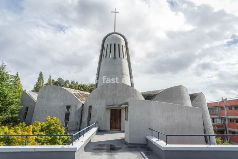 Chapel of the ‘Divine Word’ Seminary, Nanzan University, Nagoya, Japan. The design is by the Czech-born American architect Antonin Raymond. Completed in 1966
