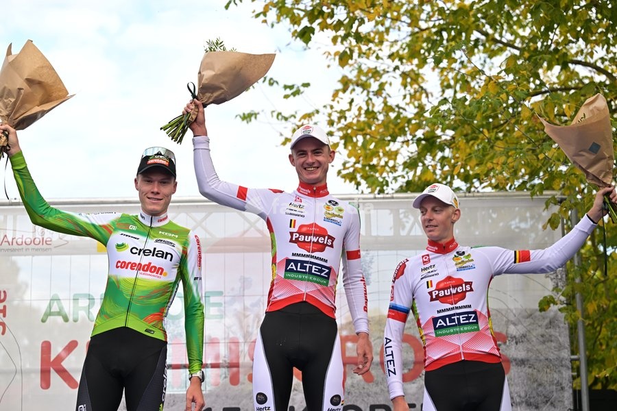 Belgium's Witse Meeussen; Belgium's Gerben Kuypers and Belgium's Michael Vanthourenhout celebrate on the podium after the men elite race of the 'Kermiscross' cyclocross cycling event, on Thursday 15 October 2026, in Ardooie