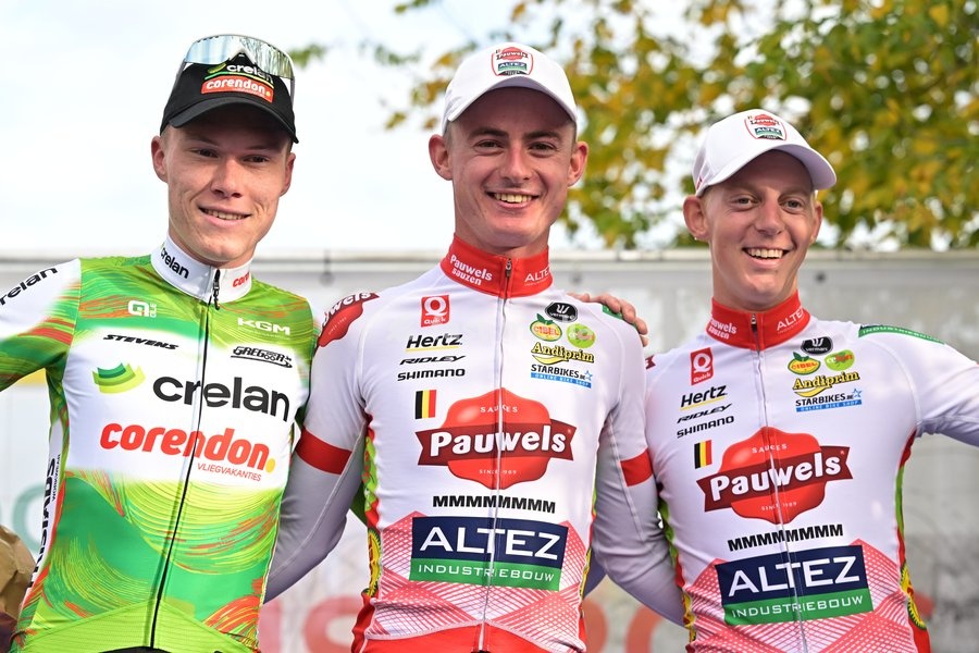 Belgium's Witse Meeussen; Belgium's Gerben Kuypers and Belgium's Michael Vanthourenhout celebrate on the podium after the men elite race of the 'Kermiscross' cyclocross cycling event, on Thursday 15 October 2026, in Ardooie