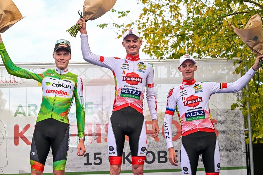 Belgium's Witse Meeussen; Belgium's Gerben Kuypers and Belgium's Michael Vanthourenhout celebrate on the podium after the men elite race of the 'Kermiscross' cyclocross cycling event, on Thursday 15 October 2026, in Ardooie