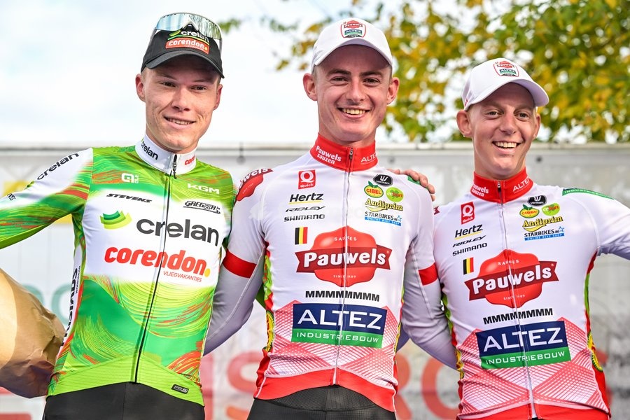 Belgium's Witse Meeussen; Belgium's Gerben Kuypers and Belgium's Michael Vanthourenhout celebrate on the podium after the men elite race of the 'Kermiscross' cyclocross cycling event, on Thursday 15 October 2026, in Ardooie