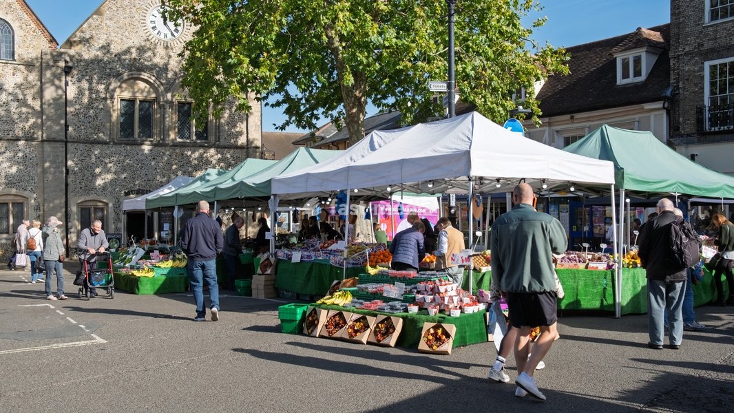 Market in central Bury St Edmunds. Bury St Edmunds, Suffolk. United Kingdom. 14 October 2026