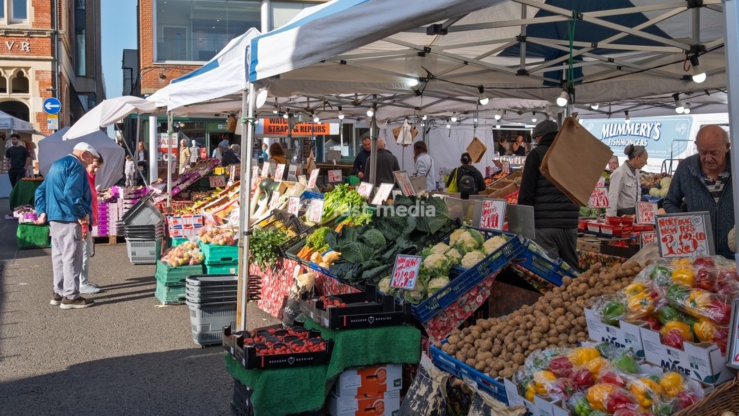 Market in central Bury St Edmunds. Bury St Edmunds, Suffolk. United Kingdom. 14 October 2026