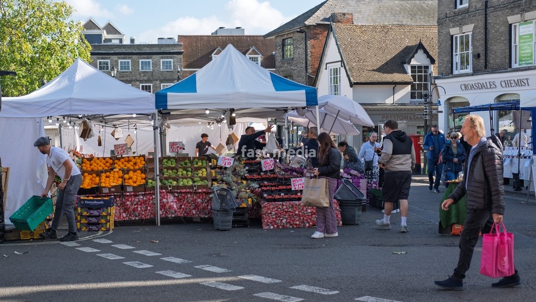 Market in central Bury St Edmunds. Bury St Edmunds, Suffolk. United Kingdom. 14 October 2026