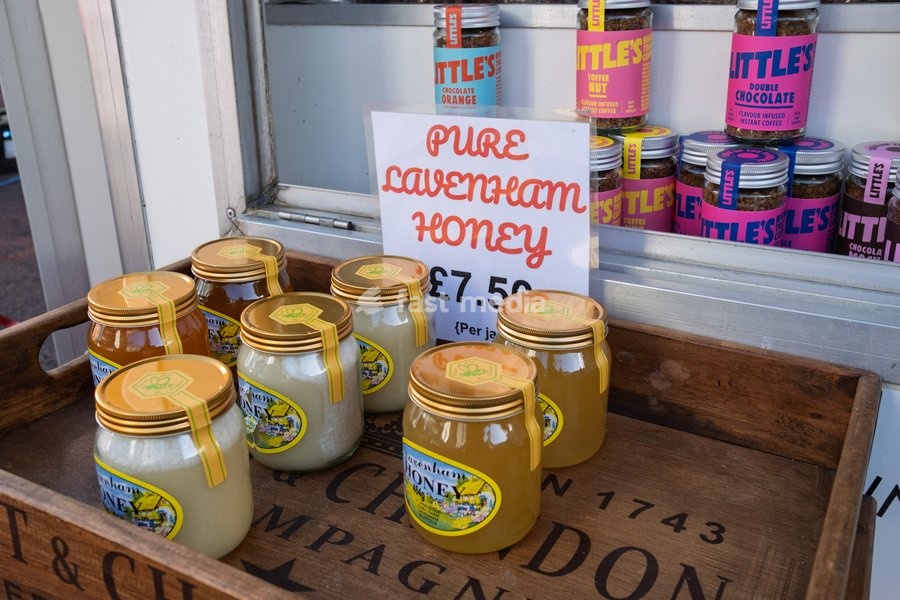 Market in central Bury St Edmunds. Jars of honey from nearby Lavenham. Bury St Edmunds, Suffolk. United Kingdom. 14 October 2026