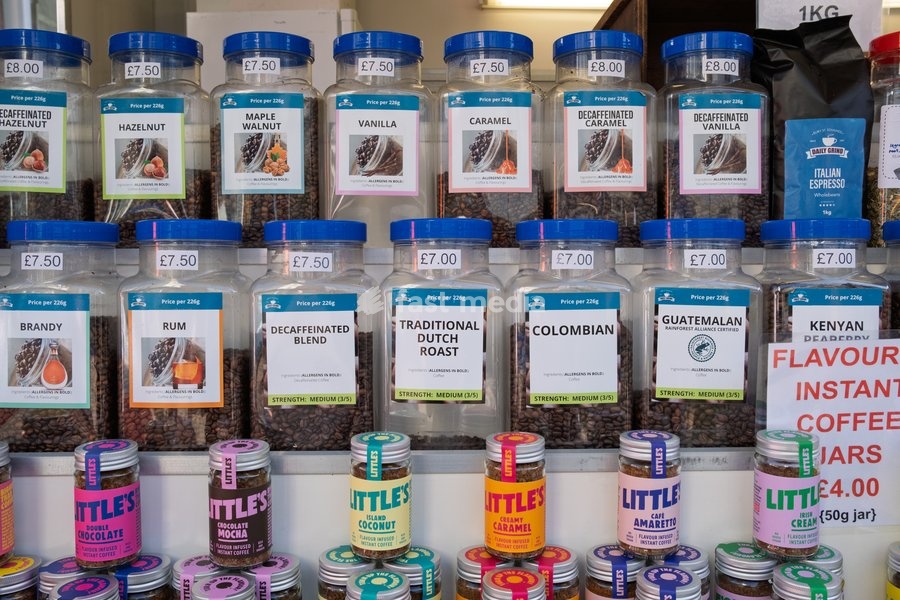 Market in central Bury St Edmunds. Various coffee beans on sale. Bury St Edmunds, Suffolk. United Kingdom. 14 October 2026