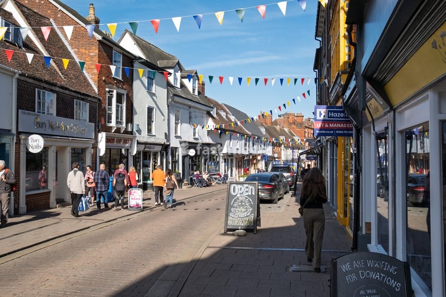 Independent shops along the cobbled road of St John Street. Bury St Edmunds, Suffolk. United Kingdom. 14 October 2026