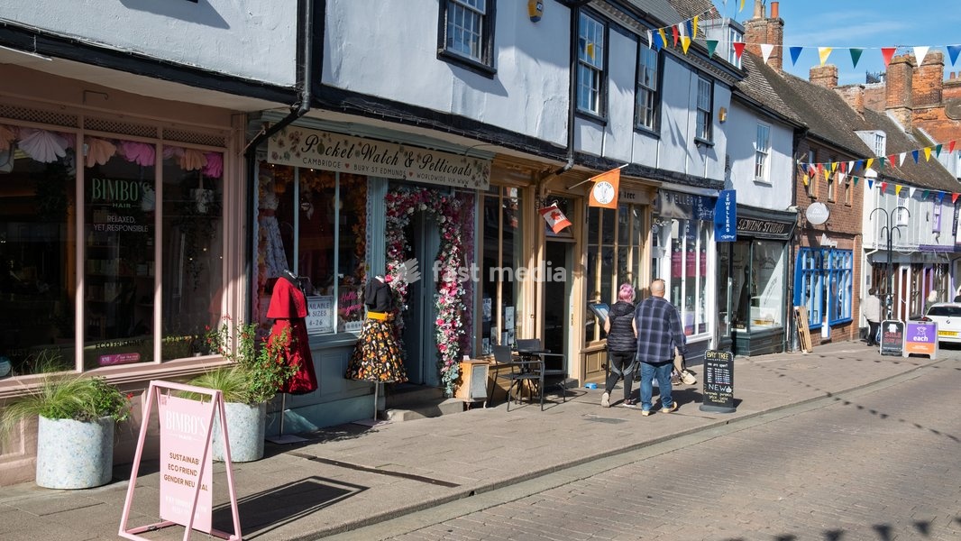 Independent shops along the cobbled road of St John Street. Bury St Edmunds, Suffolk. United Kingdom. 14 October 2026