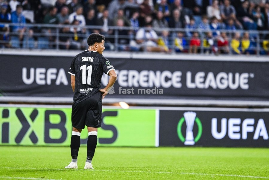 Gent's Momodou Lamin Sonko pictured during a soccer game between Belgian KAA Gent and Danish Aarhus GF, Thursday 15 October 2026 in Gent, the opening match of the UEFA Conference League league phase