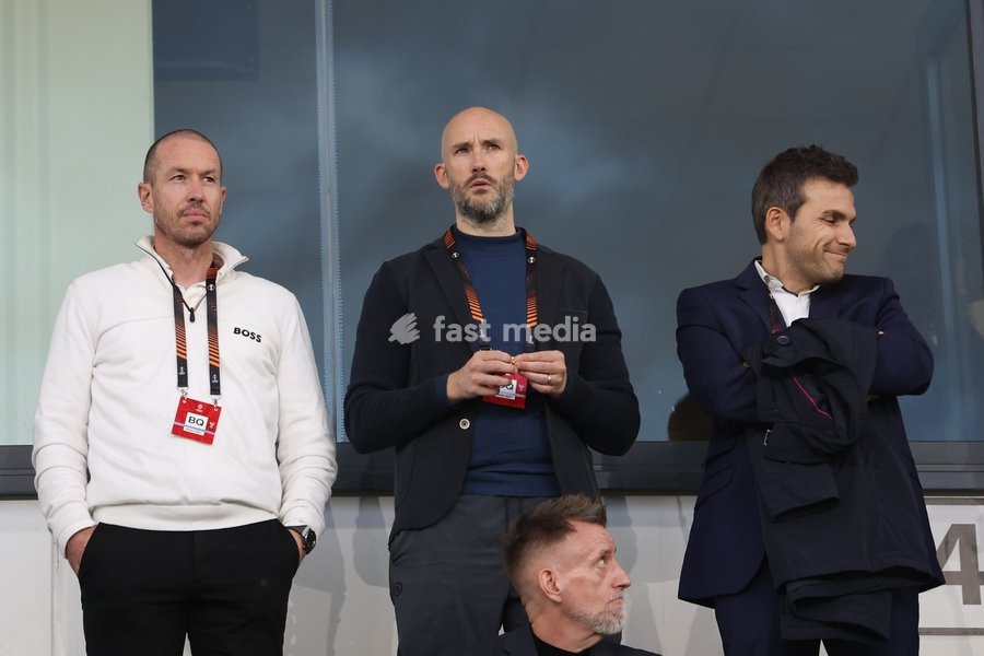 Union's sports director Chris O'Loughlin; Union's chairman of the board Alex Muzio and Union's CEO Philippe Bormans pictured at a soccer game between Belgian Royale Union Saint-Gilloise and Spanish Real Sociedad, Thursday 15 October 2026 in Leuven, the 2nd match of the UEFA Europa League league…