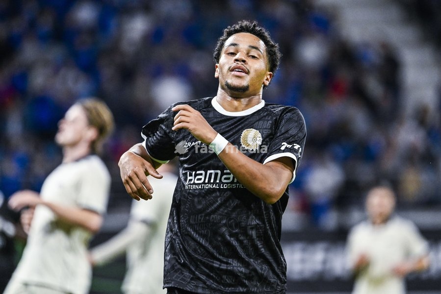 Gent's Momodou Lamin Sonko reacts during a soccer game between Belgian KAA Gent and Danish Aarhus GF, Thursday 15 October 2026 in Gent, the opening match of the UEFA Conference League league phase