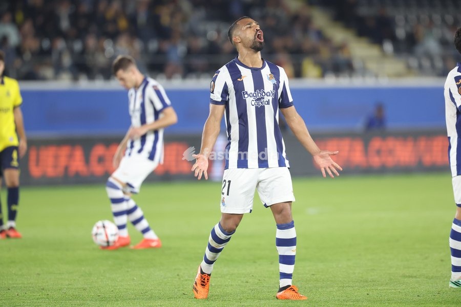 Sociedad's Yangel Herrera reacts during a soccer game between Belgian Royale Union Saint-Gilloise and Spanish Real Sociedad, Thursday 15 October 2026 in Leuven, the 2nd match of the UEFA Europa League league phase