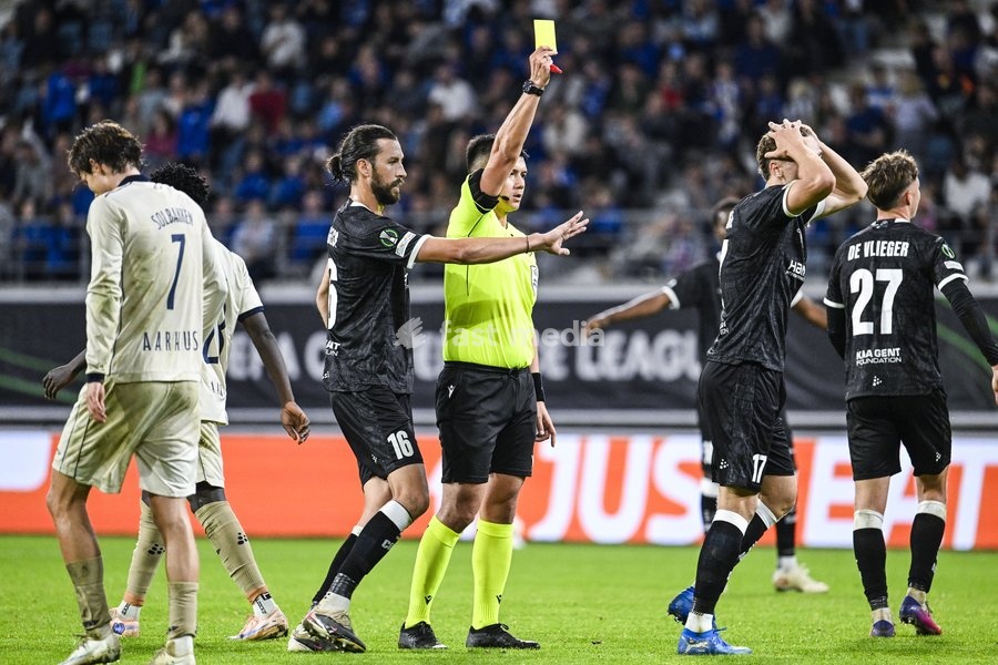 Gent's Mathias Delorge receives a yellow card from the referee during a soccer game between Belgian KAA Gent and Danish Aarhus GF, Thursday 15 October 2026 in Gent, the opening match of the UEFA Conference League league phase