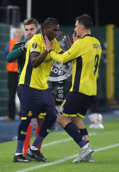 Union's Sekou Keita and Union's Mateo Biondic pictured during a soccer game between Belgian Royale Union Saint-Gilloise and Spanish Real Sociedad, Thursday 15 October 2026 in Leuven, the 2nd match of the UEFA Europa League league phase