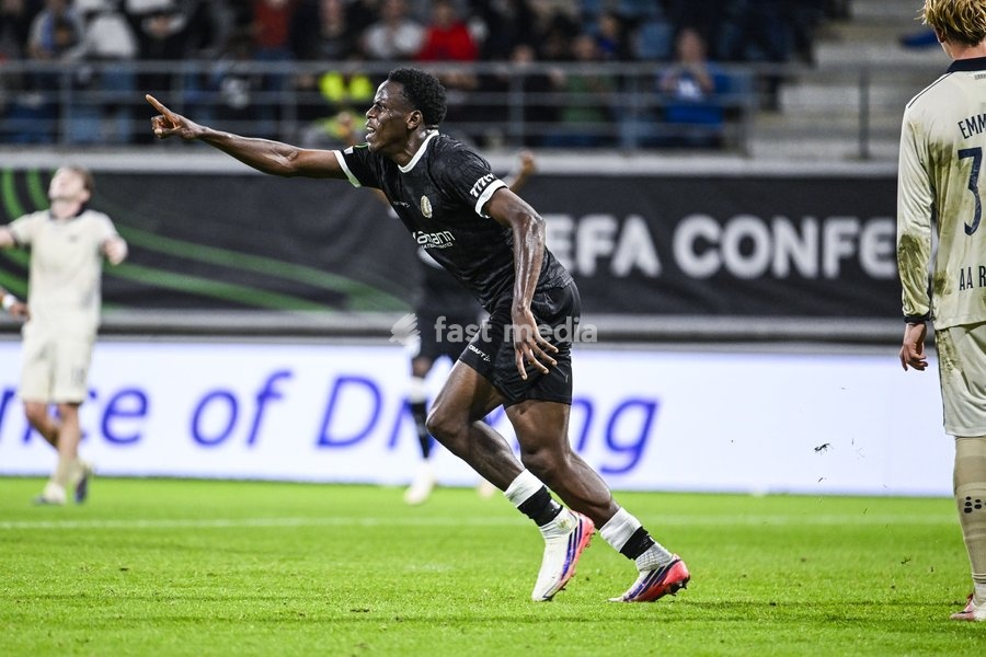 Gent's Hyllarion Goore celebrates after scoring during a soccer game between Belgian KAA Gent and Danish Aarhus GF, Thursday 15 October 2026 in Gent, the opening match of the UEFA Conference League league phase