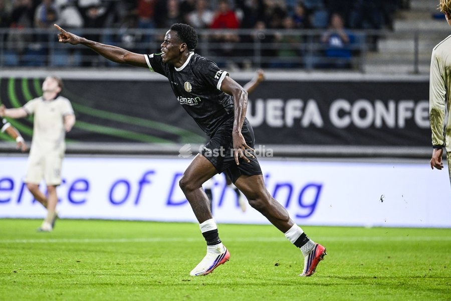 Gent's Hyllarion Goore celebrates after scoring during a soccer game between Belgian KAA Gent and Danish Aarhus GF, Thursday 15 October 2026 in Gent, the opening match of the UEFA Conference League league phase