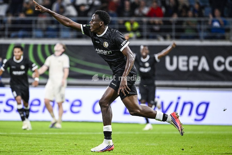 Gent's Hyllarion Goore celebrates after scoring during a soccer game between Belgian KAA Gent and Danish Aarhus GF, Thursday 15 October 2026 in Gent, the opening match of the UEFA Conference League league phase
