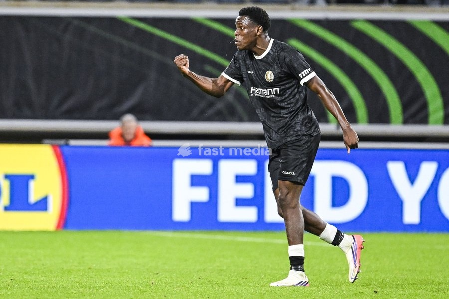 Gent's Hyllarion Goore celebrates after scoring during a soccer game between Belgian KAA Gent and Danish Aarhus GF, Thursday 15 October 2026 in Gent, the opening match of the UEFA Conference League league phase
