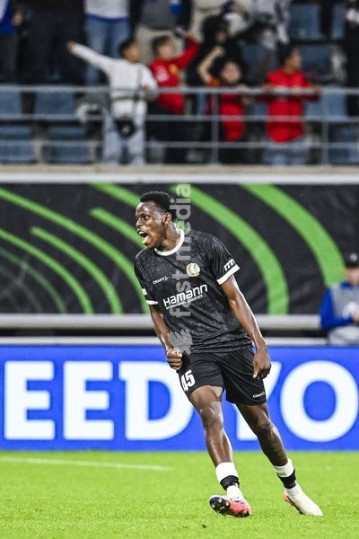 Gent's Hyllarion Goore celebrates after scoring during a soccer game between Belgian KAA Gent and Danish Aarhus GF, Thursday 15 October 2026 in Gent, the opening match of the UEFA Conference League league phase