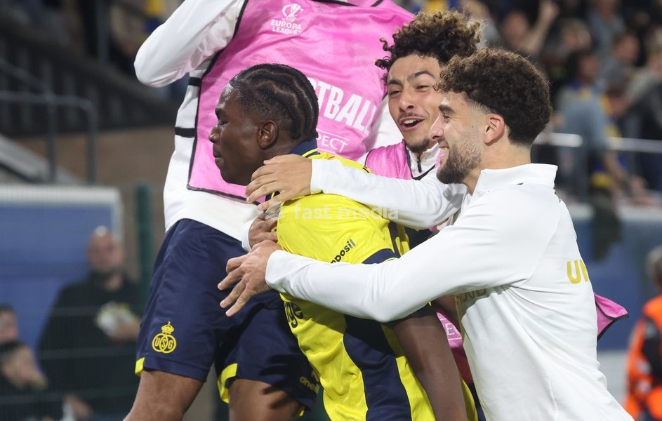 Union's Sekou Keita celebrates after scoring during a soccer game between Belgian Royale Union Saint-Gilloise and Spanish Real Sociedad, Thursday 15 October 2026 in Leuven, the 2nd match of the UEFA Europa League league phase