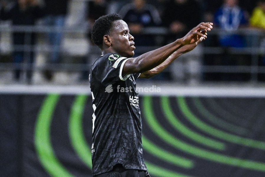 Gent's Hyllarion Goore celebrates after winning a soccer game between Belgian KAA Gent and Danish Aarhus GF, Thursday 15 October 2026 in Gent, the opening match of the UEFA Conference League league phase