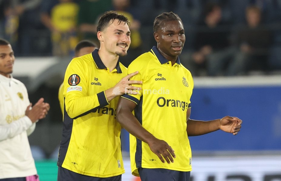 Union's Mateo Biondic and Union's Sekou Keita pictured after a soccer game between Belgian Royale Union Saint-Gilloise and Spanish Real Sociedad, Thursday 15 October 2026 in Leuven, the 2nd match of the UEFA Europa League league phase