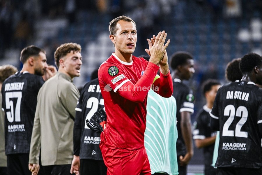Gent's goalkeeper Davy Roef celebrates after winning a soccer game between Belgian KAA Gent and Danish Aarhus GF, Thursday 15 October 2026 in Gent, the opening match of the UEFA Conference League league phase