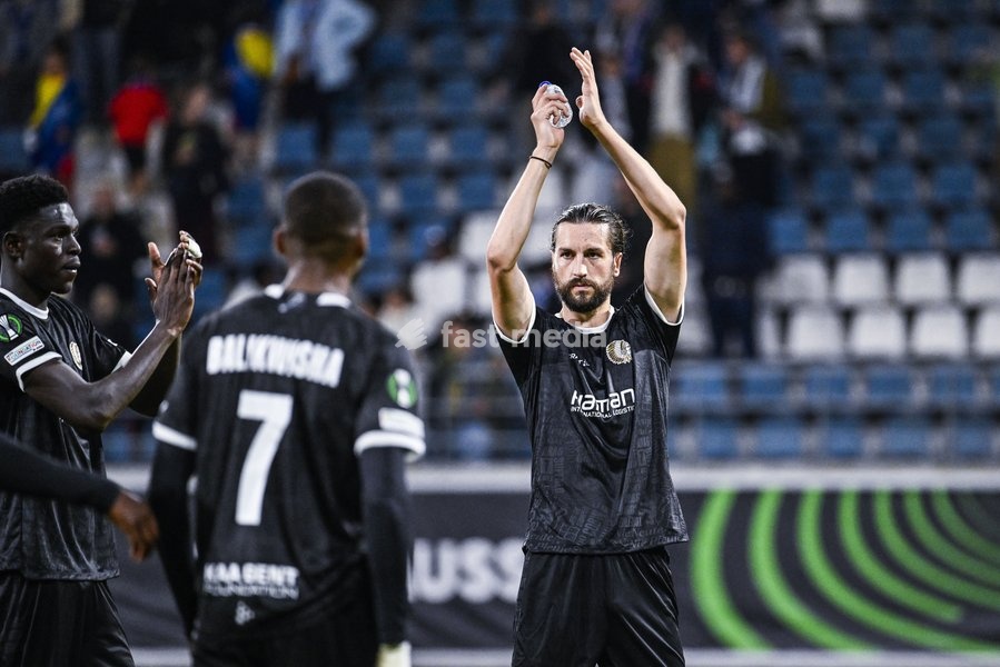 Gent's Christian Burgess celebrates after winning a soccer game between Belgian KAA Gent and Danish Aarhus GF, Thursday 15 October 2026 in Gent, the opening match of the UEFA Conference League league phase