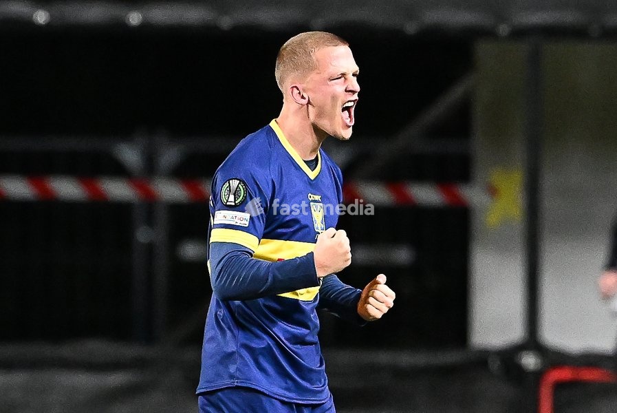 STVV's Robert-Jan Vanwesemael celebrates after scoring during a soccer game between Belgian Sint-Truidense VV and Georgian FC Iberia 1999 Tbilisi, Thursday 15 October 2026 in Sint-Truiden, the opening match of the UEFA Conference League league phase