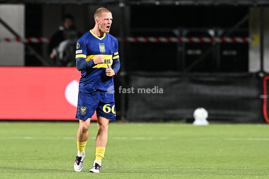 STVV's Robert-Jan Vanwesemael celebrates after scoring during a soccer game between Belgian Sint-Truidense VV and Georgian FC Iberia 1999 Tbilisi, Thursday 15 October 2026 in Sint-Truiden, the opening match of the UEFA Conference League league phase