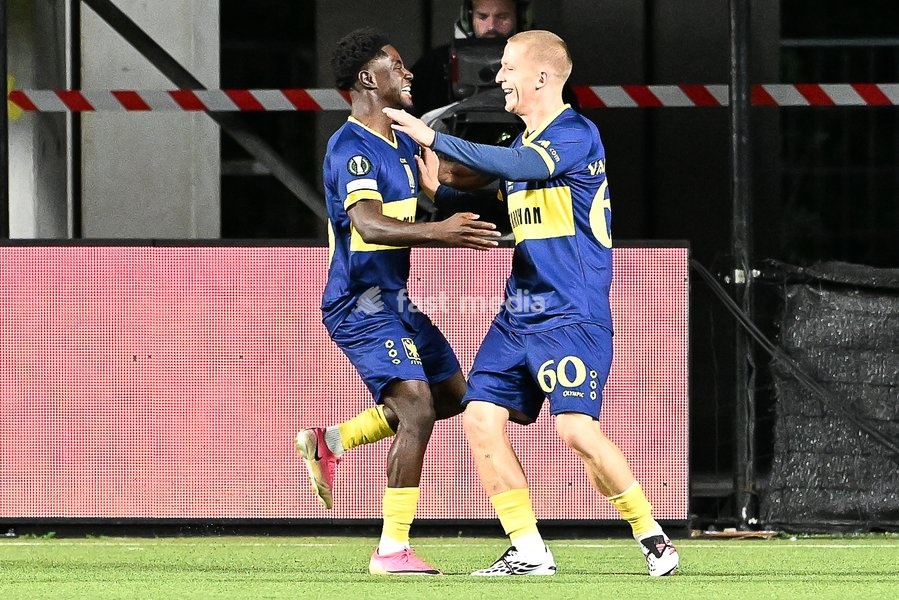 STVV's Robert-Jan Vanwesemael celebrates after scoring during a soccer game between Belgian Sint-Truidense VV and Georgian FC Iberia 1999 Tbilisi, Thursday 15 October 2026 in Sint-Truiden, the opening match of the UEFA Conference League league phase