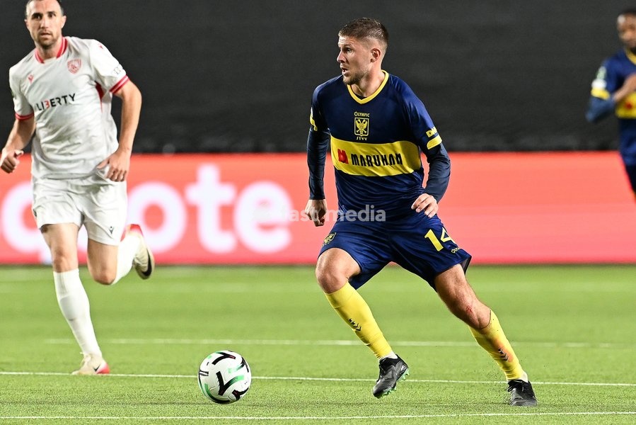 STVV's Ryan Merlen pictured in action during a soccer game between Belgian Sint-Truidense VV and Georgian FC Iberia 1999 Tbilisi, Thursday 15 October 2026 in Sint-Truiden, the opening match of the UEFA Conference League league phase