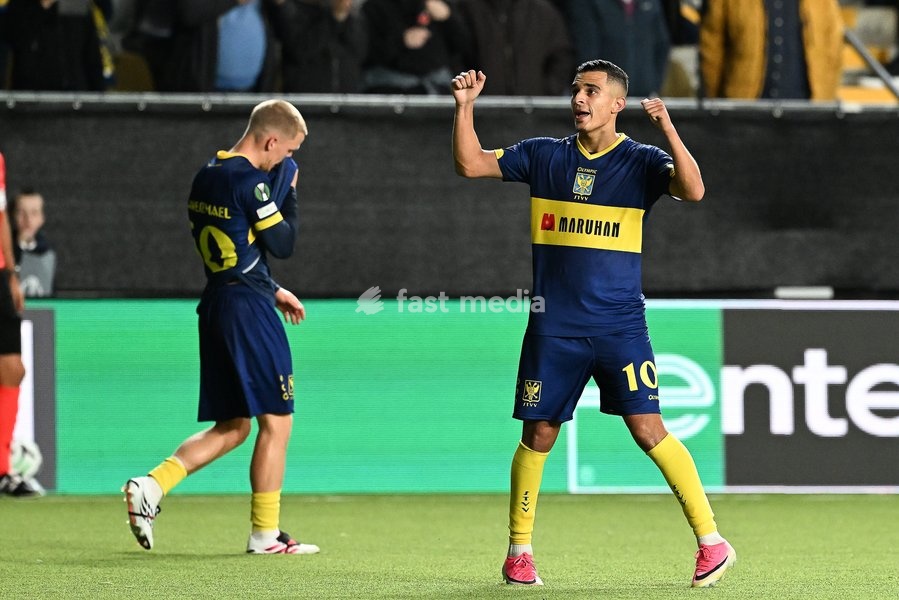 STVV's Ilias Sebaoui celebrates after scoring during a soccer game between Belgian Sint-Truidense VV and Georgian FC Iberia 1999 Tbilisi, Thursday 15 October 2026 in Sint-Truiden, the opening match of the UEFA Conference League league phase