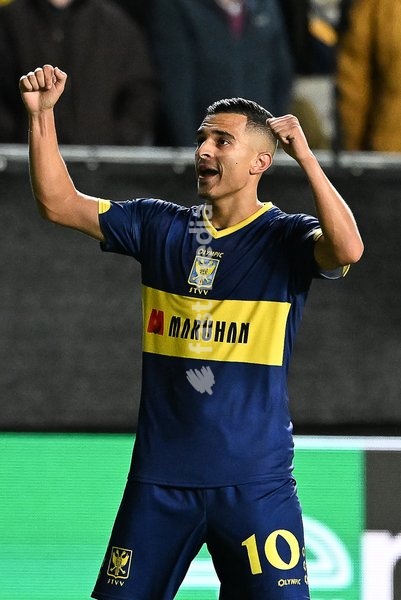 STVV's Ilias Sebaoui celebrates after scoring during a soccer game between Belgian Sint-Truidense VV and Georgian FC Iberia 1999 Tbilisi, Thursday 15 October 2026 in Sint-Truiden, the opening match of the UEFA Conference League league phase