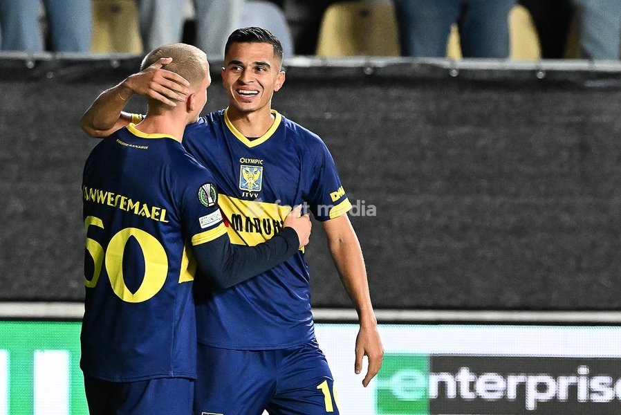 STVV's Ilias Sebaoui celebrates after scoring during a soccer game between Belgian Sint-Truidense VV and Georgian FC Iberia 1999 Tbilisi, Thursday 15 October 2026 in Sint-Truiden, the opening match of the UEFA Conference League league phase