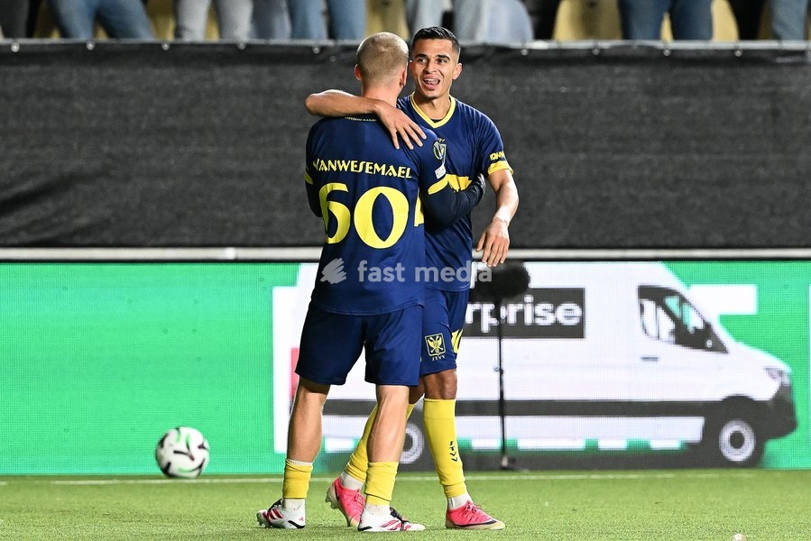 STVV's Ilias Sebaoui celebrates after scoring during a soccer game between Belgian Sint-Truidense VV and Georgian FC Iberia 1999 Tbilisi, Thursday 15 October 2026 in Sint-Truiden, the opening match of the UEFA Conference League league phase
