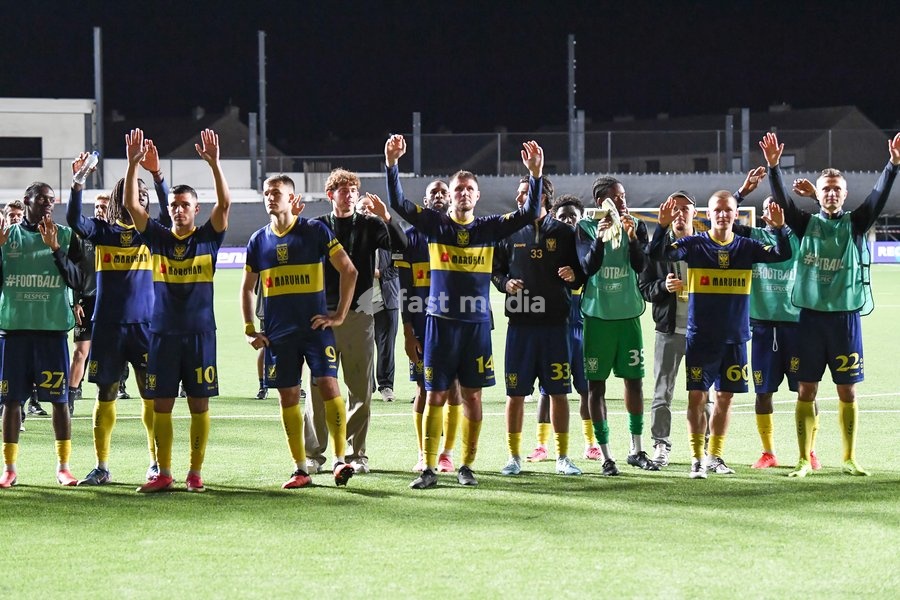STVV's players celebrate after winning a soccer game between Belgian Sint-Truidense VV and Georgian FC Iberia 1999 Tbilisi, Thursday 15 October 2026 in Sint-Truiden, the opening match of the UEFA Conference League league phase