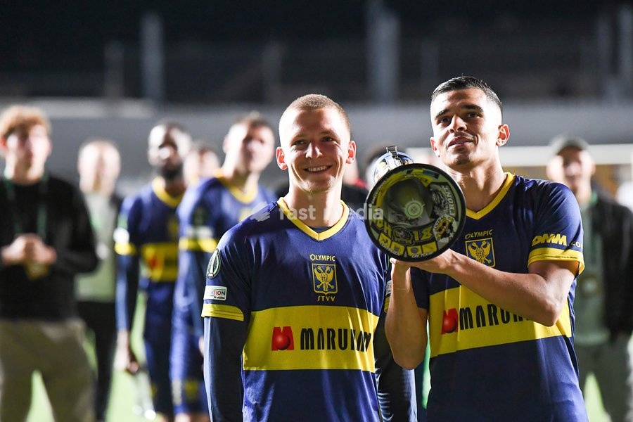STVV's Robert-Jan Vanwesemael and STVV's Ilias Sebaoui celebrate after winning a soccer game between Belgian Sint-Truidense VV and Georgian FC Iberia 1999 Tbilisi, Thursday 15 October 2026 in Sint-Truiden, the opening match of the UEFA Conference League league phase