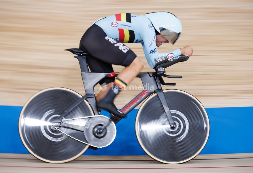 Belgian Gianluca Pollefliet rides on a bike during the Men's 1km Time Trial event at the UCI Track Cycling World Championships in Shanghai, China on Friday 16 October 2026. The worlds are taking place from 14 to 18 October 2026