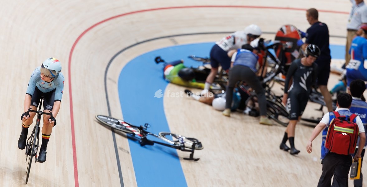 Belgian Lotte Kopecky rides past several cyclists who fell during the Scratch race of the Women's Omnium event at the UCI Track Cycling World Championships in Shanghai, China on Friday 16 October 2026. The worlds are taking place from 14 to 18 October 2026