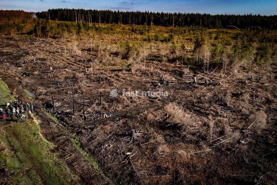 This image shows a field visit organized for the kick-off of the Hautes-Fagnes (High Fens) restoration works, on Friday 16 October 2026 in Spa. The fire started on August 14th and 3366 hectares (on a total of 4500) were impacted, a perimeter of 27 km