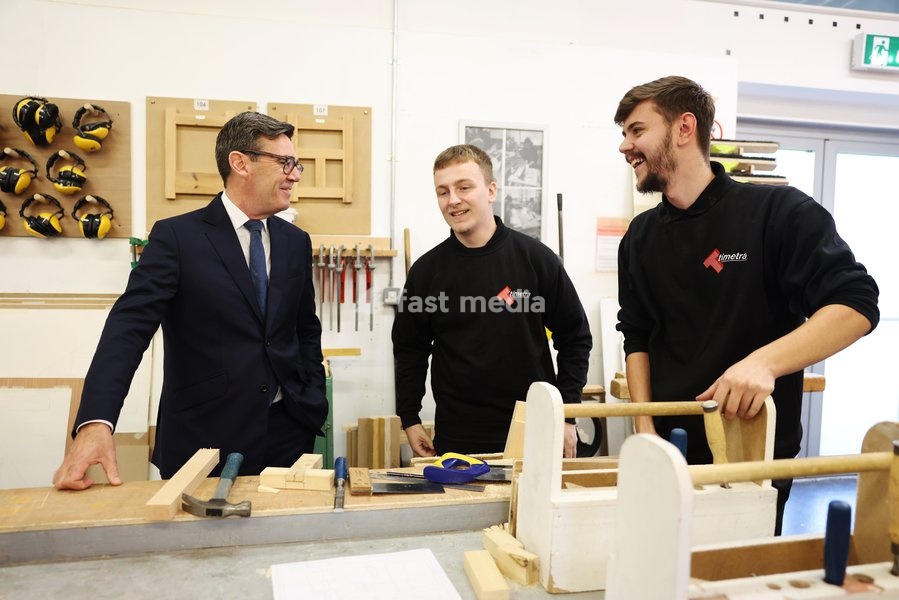 16/10/2026. Motherwell, United Kingdom. Prime Minister Andy Burnham meets apprentices in the carpentry workshop with Douglas Alexander, Secretary of State for Scotland during his visit to New College Lanarkshire