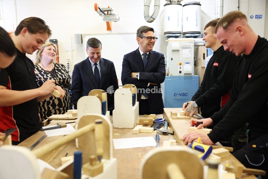 16/10/2026. Motherwell, United Kingdom. Prime Minister Andy Burnham meets apprentices in the carpentry workshop with Douglas Alexander, Secretary of State for Scotland during his visit to New College Lanarkshire