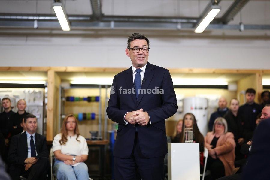 16/10/2026. Motherwell, United Kingdom. Prime Minister Andy Burnham delivers a speech during his visit to New College Lanarkshire with Douglas Alexander, Secretary of State for Scotland
