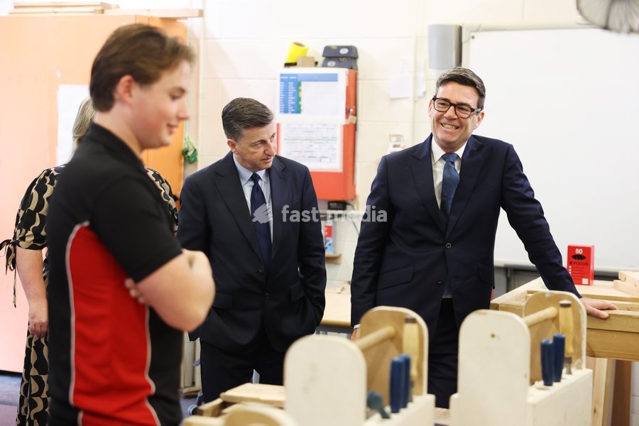 16/10/2026. Motherwell, United Kingdom. Prime Minister Andy Burnham meets apprentices in the carpentry workshop with Douglas Alexander, Secretary of State for Scotland during his visit to New College Lanarkshire