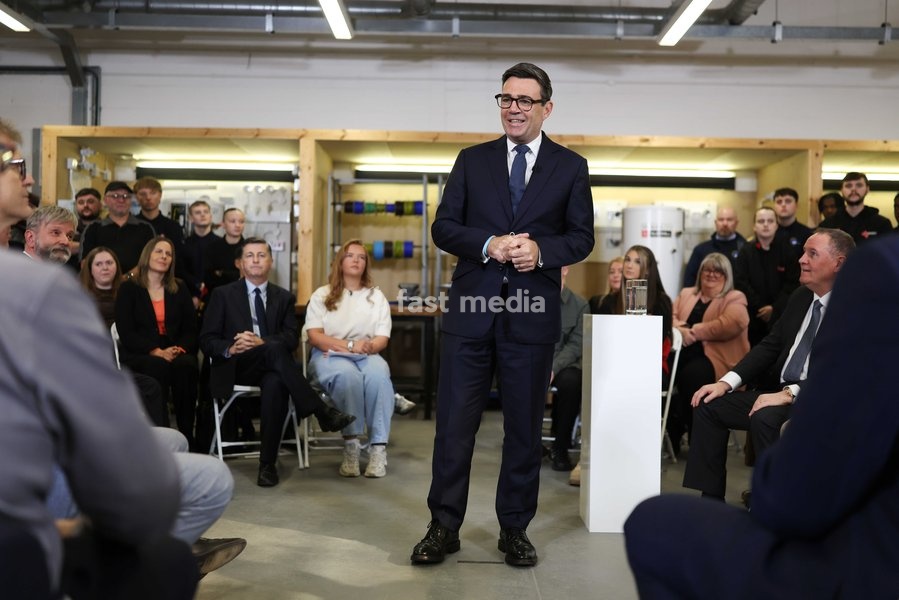 16/10/2026. Motherwell, United Kingdom. Prime Minister Andy Burnham delivers a speech during his visit to New College Lanarkshire with Douglas Alexander, Secretary of State for Scotland