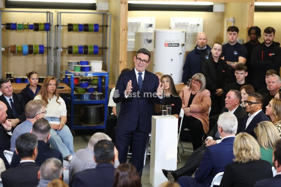 16/10/2026. Motherwell, United Kingdom. Prime Minister Andy Burnham delivers a speech during his visit to New College Lanarkshire with Douglas Alexander, Secretary of State for Scotland